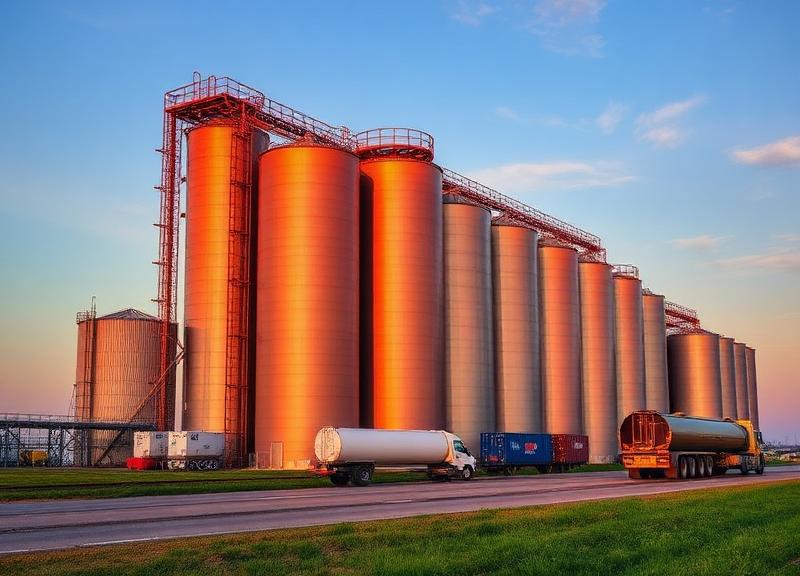 Bulk grain silos at sunrise