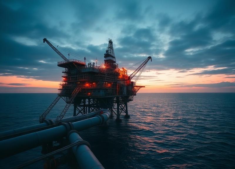 Offshore oil rig at dusk